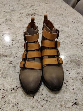 New!Y2K Cottagecore Leather Suede Strappy Buckle Ankle Boots Taupe Mustard Retro